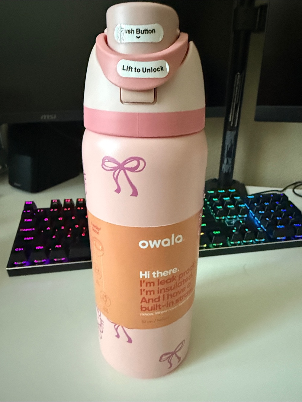 Owala Pink & Peach Insulated Bottle with Bow Motif